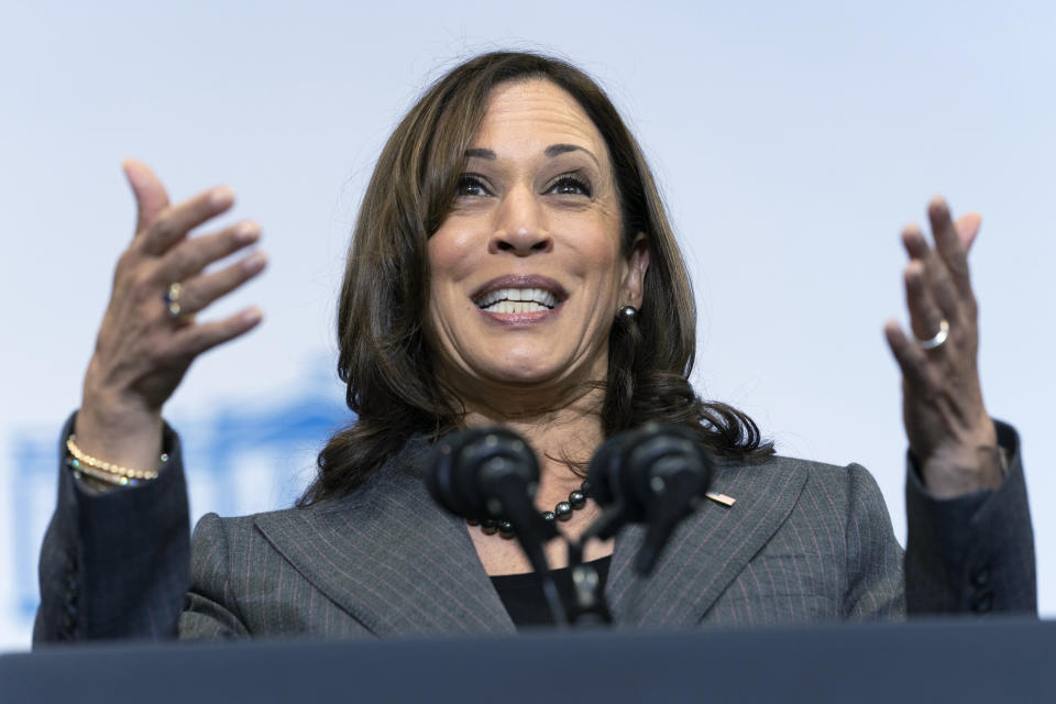 Vice President Kamala Harris speaks at the Northeast Bronx YMCA, in the Bronx borough of New York, Friday, Oct. 22, 2021. (AP Photo/Jacquelyn Martin)