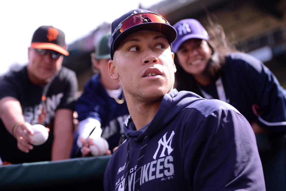 Superstar free agent Aaron Judge, a native of northern California, is reportedly weighing interest from the Yankees and Giants. (Photo by Cody Glenn/Icon Sportswire via Getty Images)