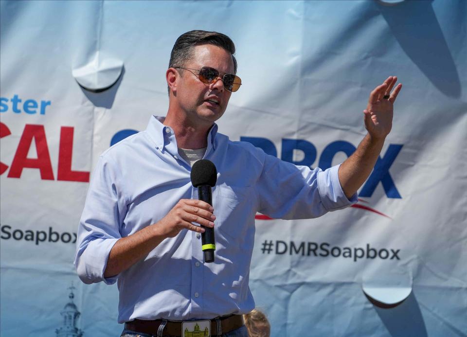 Zach Nunn, a Republican candidate for Iowa's 3rd Congressional District, speaks at the Des Moines Register Political Soapbox during the Iowa State Fair in on Saturday, Aug. 13, 2022, in Des Moines.