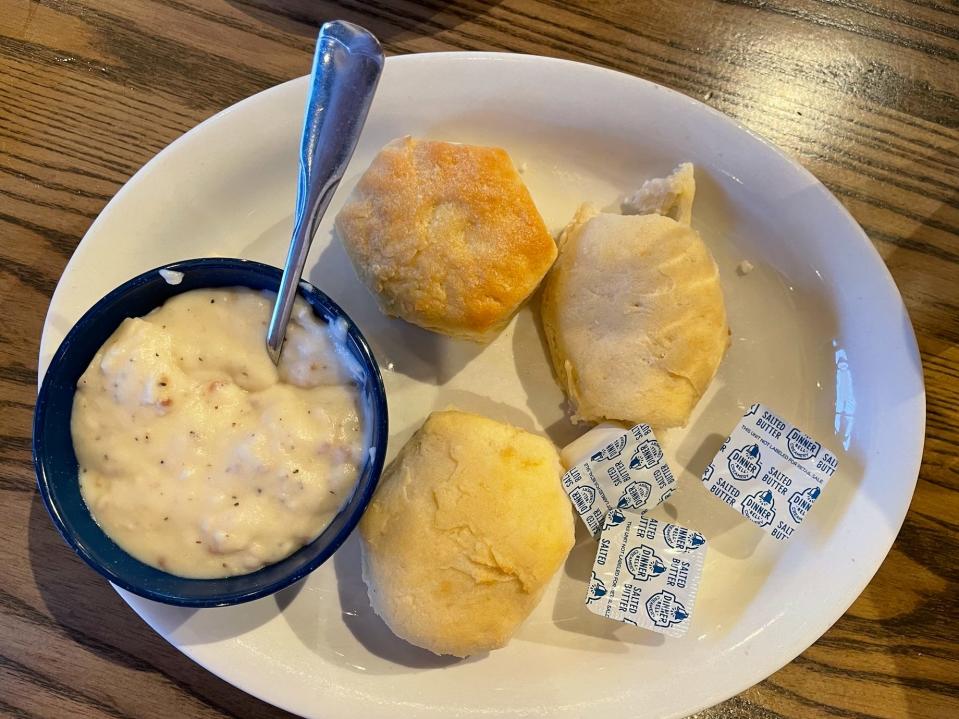 biscuits and gravy on a plate from cracker barrel