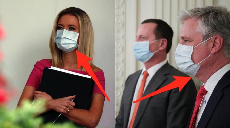 A composite image of White House press secretary Kayleigh McEnany and White House National Security Adviser Robert O'Brien wearing face masks made in Taiwan at the White House on May 11, 2020.