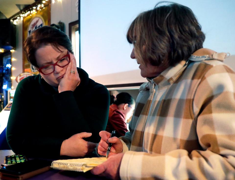 Menasha mayoral candidate Rebecca Nichols, left, and campaign volunteer Kathy Bauer check numbers as election results are reported on Tuesday, April 2, 2024 at Tony’s in Menasha, Wis.
Wm. Glasheen USA TODAY NETWORK-Wisconsin