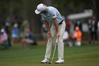 Will Zalatoris reacts to a missed putt on the 16th green during the third round of the Masters golf tournament on Saturday, April 10, 2021, in Augusta, Ga. (AP Photo/Matt Slocum)