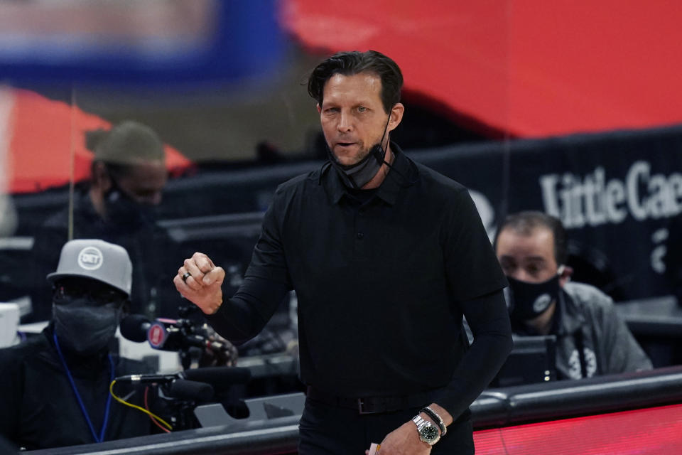 Utah Jazz head coach Quin Snyder looks on from the sideline during the first half of an NBA basketball game against the Detroit Pistons, Sunday, Jan. 10, 2021, in Detroit. (AP Photo/Carlos Osorio)