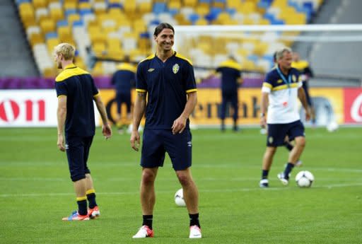 Sweden's national football player forward Zlatan Ibrahimovic attends a training session at the Olympic Stadium in Kiev during the Euro 2012 football championships