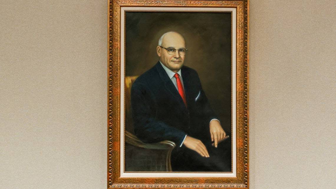 A painting of former solicitor Randolph “Buster” Murdaugh Jr. is currently hanging in the courtroom where Alex Murdaugh is to be tried. The painting will be removed for the January Trial.