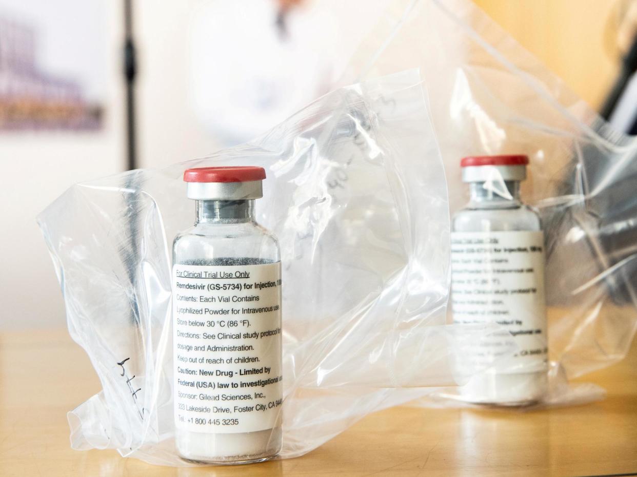 Two ampules of Ebola drug Remdesivir are pictured during a news conference at the University Hospital Eppendorf (UKE) in Hamburg, Germany: (dpa-Pool)