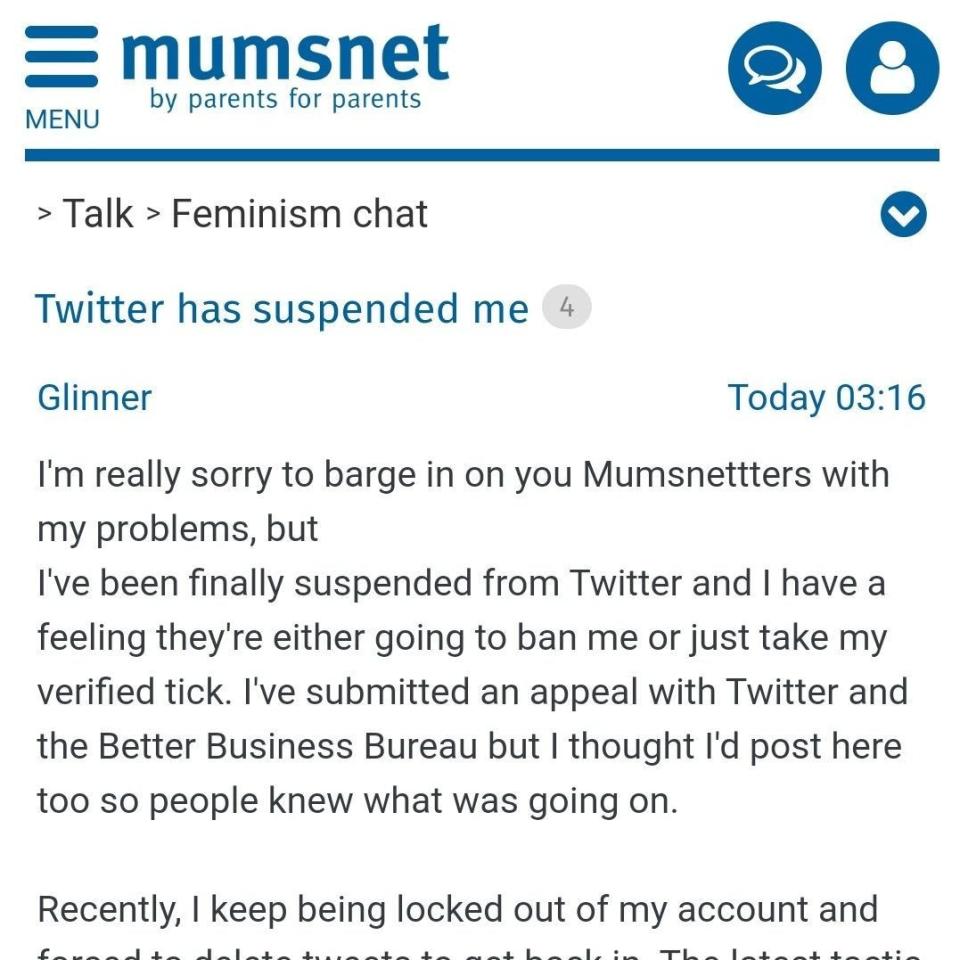 Lineham's 3am plea on Mumsnet following his Twitter ban