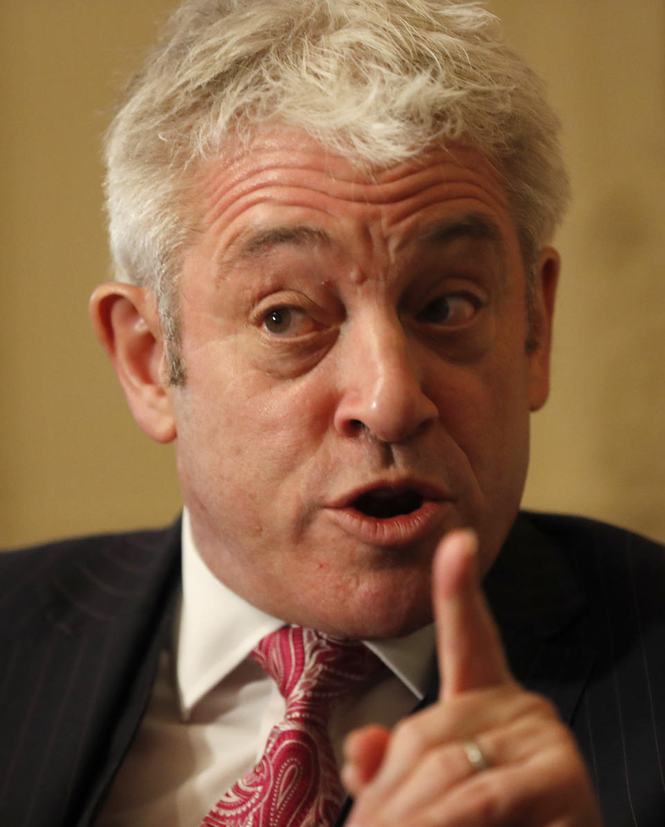 Former British House of Commons speaker, John Bercow, speaks during an interview with Associated Press in London, Thursday, Nov. 7, 2019. John Bercow says Brexit is a historic mistake and the country should not be bound by the close 2016 vote to leave the European Union. (AP Photo/Frank Augstein)