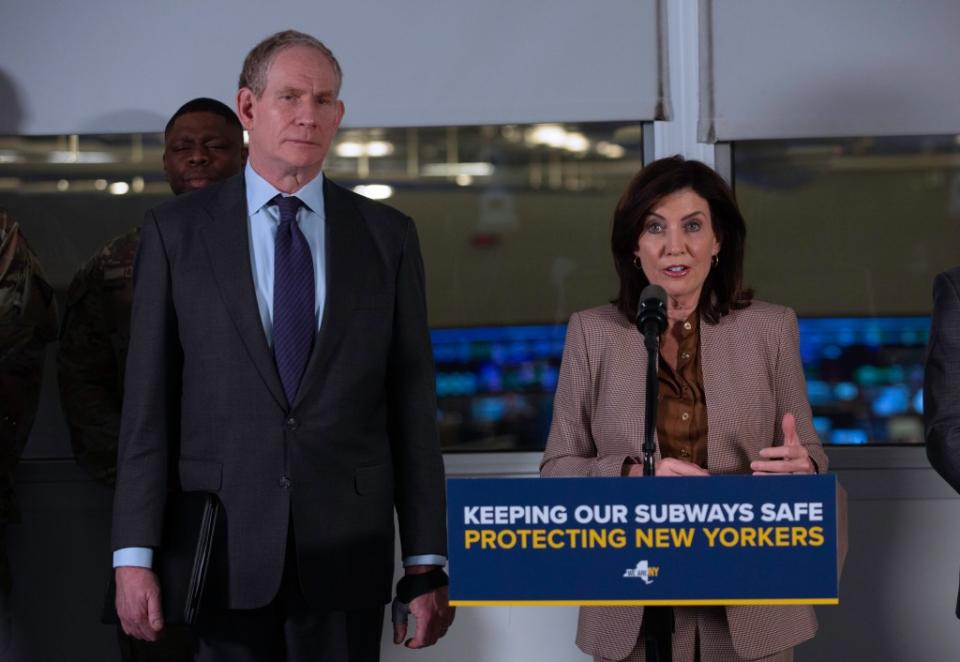 Gov. Kathy Hochul — alongside MTA chairman Janno Lieber — announces that she will deploy the National Guard into portions of the subway system as a show of force. James Messerschmidt