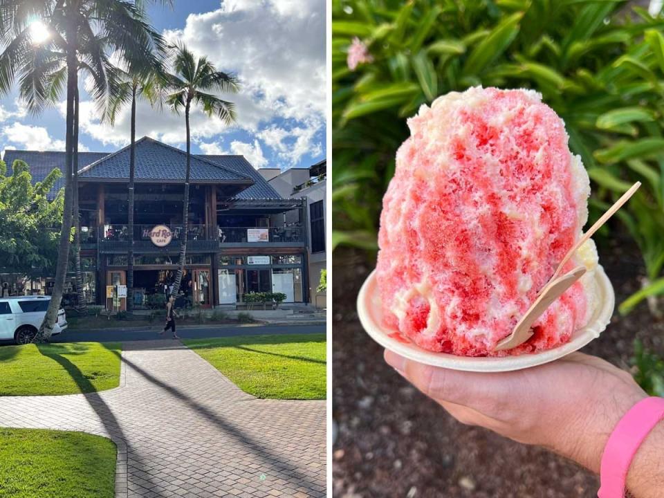 Side by side images of a Hard Rock Cafe and someone holding a bowl of shave ice.