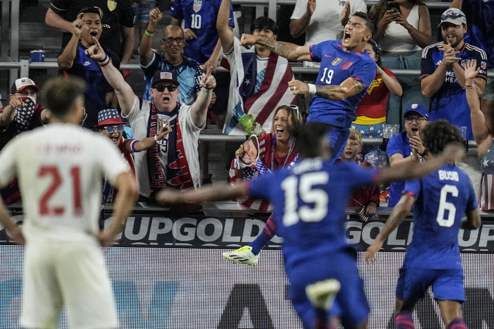 United States forward Brandon Vazquez (19) celebrates his goal against Canada during a CONCACAF Gold Cup semi-final soccer match, Sunday, July 9, 2023, in Cincinnati. (AP Photo/Michael Conroy)