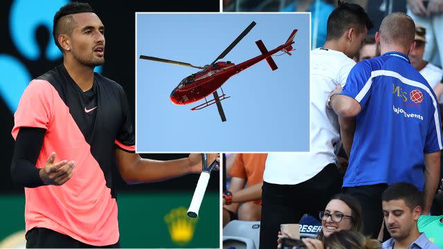 A helicopter and heckler were just two of the distractions for Kyrgios. Image: Getty