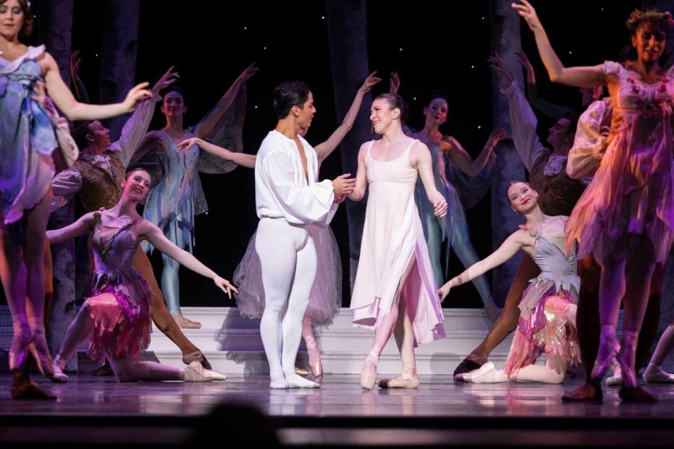 Prince Charming (Victor Maguad), left, and Cinderella (Michelle Katcher) are reunited after her foot fits the ballet slipper, during a Sacramento Ballet dress rehearsal of Cinderella on Thursday, Feb. 15, 2024, at the SAFE Credit Union Performing Arts Center. Lezlie Sterling/lsterling@sacbee.com