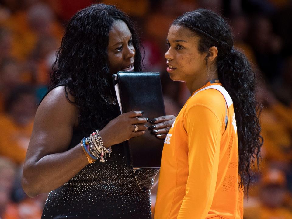 Tennessee assistant coach Bridgette Gordon, left, speaks with Tennessee guard Evina Westbrook (2)  during Tennessee's home basketball game against Texas at Thompson-Boling Arena on Sunday, Dec. 10, 2017.