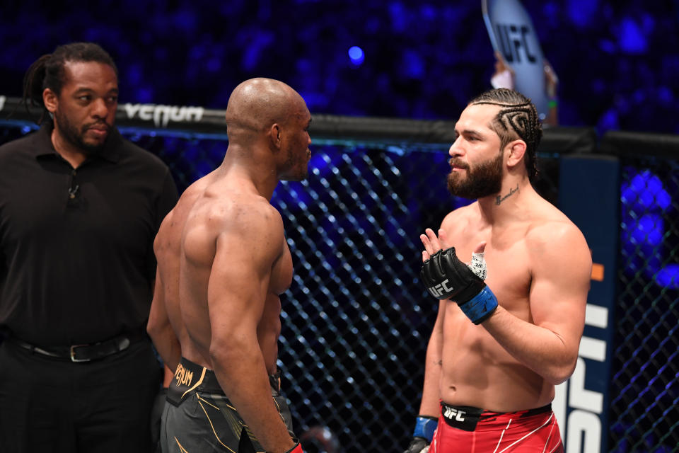 JACKSONVILLE, FLORIDA - APRIL 24: (L-R) Kamaru Usman of Nigeria and Jorge Masvidal face off prior to their UFC welterweight championship bout during the UFC 261 event at VyStar Veterans Memorial Arena on April 24, 2021 in Jacksonville, Florida. (Photo by Josh Hedges/Zuffa LLC)