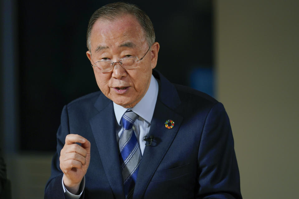 Former United Nations Secretary-General Ban Ki-moon speaks during an interview with The Associated Press, Friday, Nov. 4, 2022, in New York. (AP Photo/Mary Altaffer)