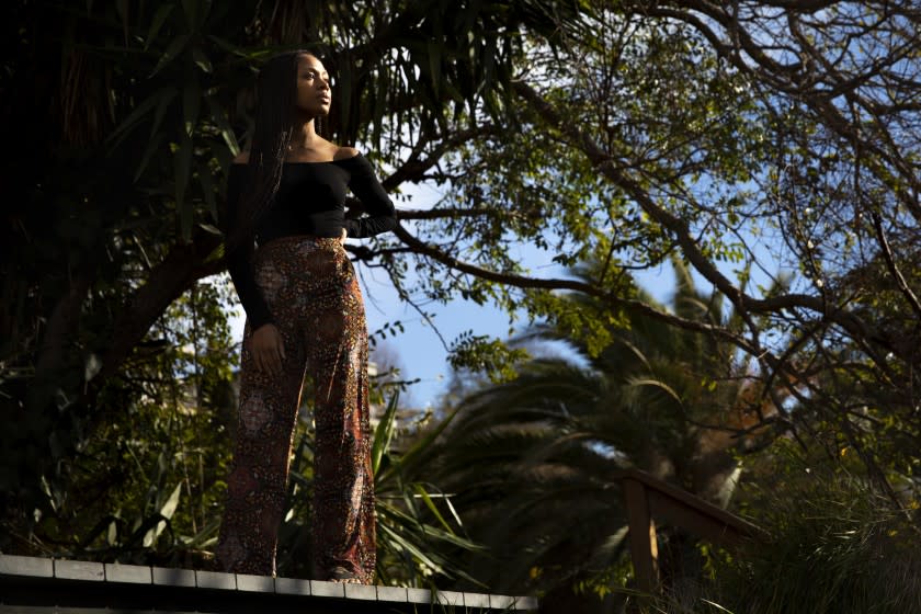 LOS ANGELES, CA - JANUARY 25: Actress Nicole Beharie is photographed in the backyard, of a Los Angeles, CA, home, Monday, Jan. 25, 2021, promoting her role in the film, "Miss Juneteenth." Beharie plays Turquoise, a former beauty queen-turned-bartender, who struggles to pay her bills and deal with her teenage daughter. (Jay L. Clendenin / Los Angeles Times)