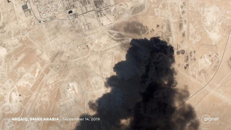 A satellite image shows an apparent drone strike on an Aramco oil facility in Abqaiq, Saudi Arabia September 14, 2019. Planet Labs Inc/Handout via REUTERS 