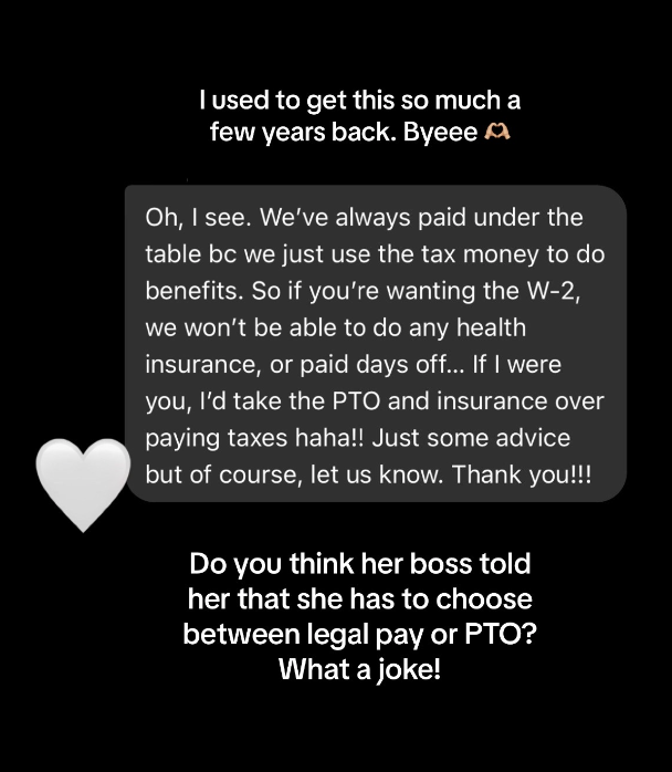 Text messages discussing reduced health benefits, skepticism about future PTO, and a boss's joke about legal or professional boundaries