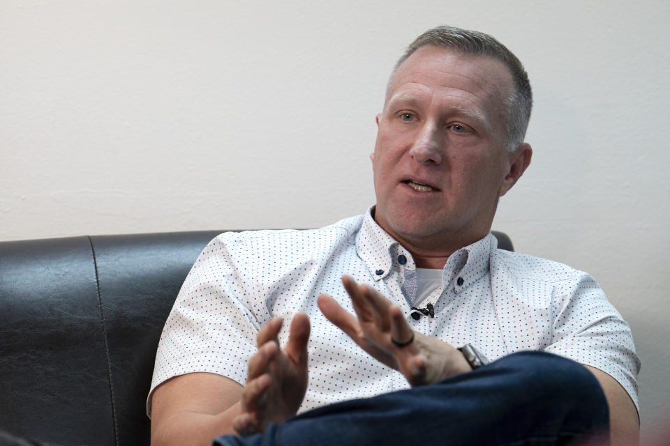 Shasta County Supervisor Kevin Crye discusses the recall efforts during an interview with The Associated Press in Redding, Calif., Wednesday, Feb. 21, 2024. Crye is one of the supervisors who voted to get rid of the county's ballot-counting machines in favor of counting ballots by hand. Crye, a supporter of former President Donald Trump, says he has questions about the county's election process. He says Democrats was to recall him from office to make the Board of Supervisors more liberal. (AP Photo/Rich Pedroncelli)