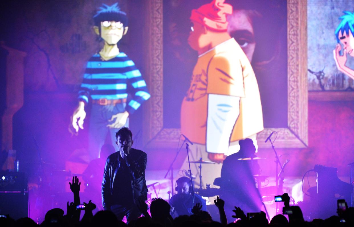 Damon Albarn sings with virtual band Gorillaz during a surprise London show March 24, 2017.