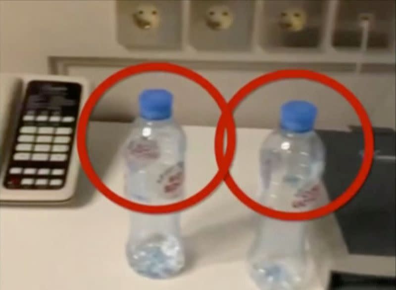 FILE PHOTO: Water bottles are seen in a hotel room where Russian opposition politician Alexei Navalny stayed during his recent visit in the Siberian city of Tomsk