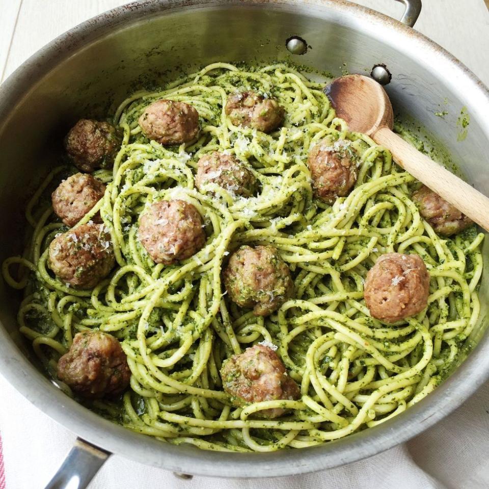 Spaghetti with Kale Pesto and Meatballs