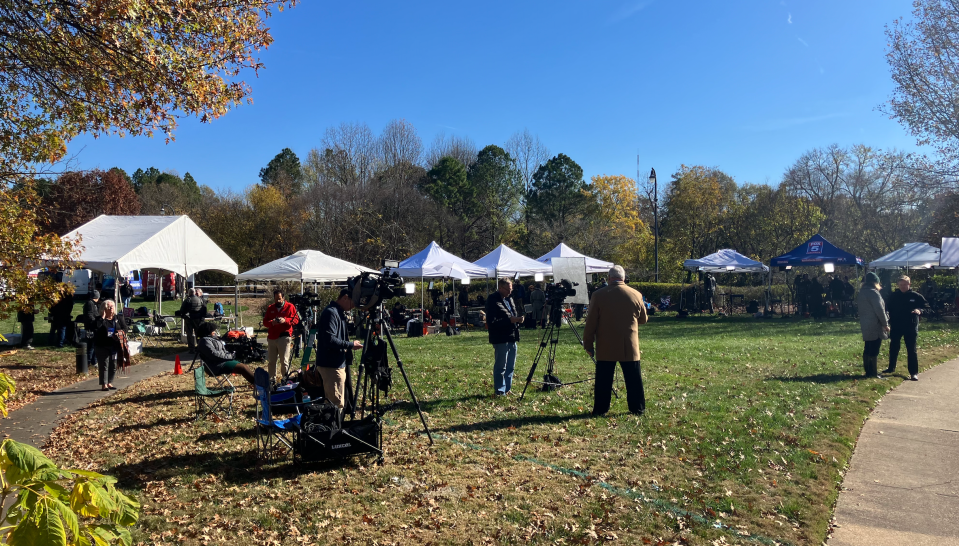 Various media set up outside The Carter Presidential Center on Monday, Nov. 27