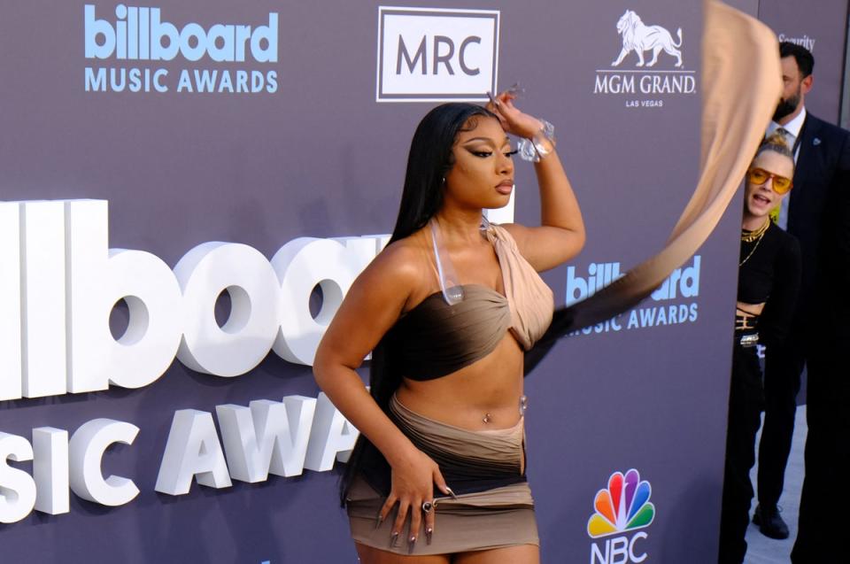 Delevingne (R) bizarrely heckling from the side at rapper Megan Thee Stallion during the 2022 Billboard Music Awards, drew the model backlash (AFP via Getty Images)