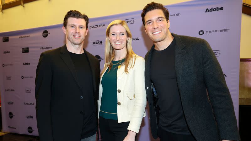 Matthew Reeve, Alexandra Reeve and William Reeve pose for a photo at the premiere of “Super/Man: The Christopher Reeve Story,” which is about their father and features them, at the Rose Wagner Performing Arts Center in Salt Lake City on Friday, Jan. 19, 2024.