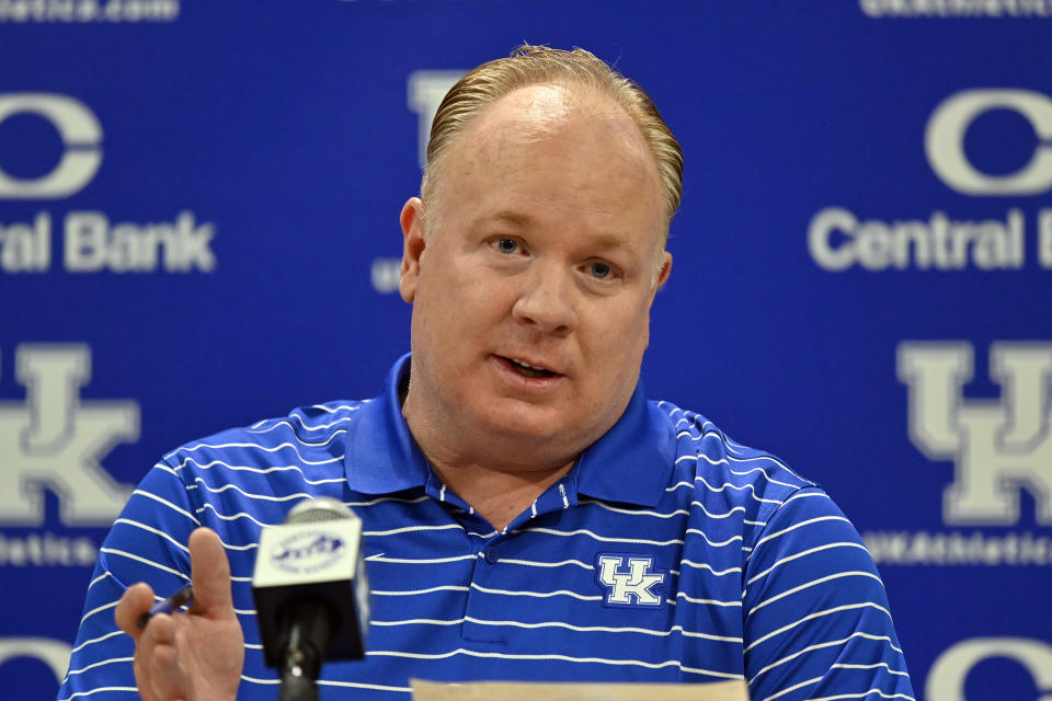 Kentucky coach Mark Stoops answers questions during the NCAA college football team's media day in Lexington, Ky., Wednesday, Aug. 3, 2022. (AP Photo/Timothy D. Easley)