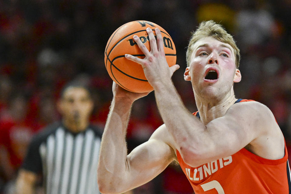 Feb. 17, 2024; College Park, Maryland; Illinois Fighting Illini forward Marcus Domask (3) looks to shoot during the first half against the Maryland Terrapins at Xfinity Center. Tommy Gilligan-USA TODAY Sports