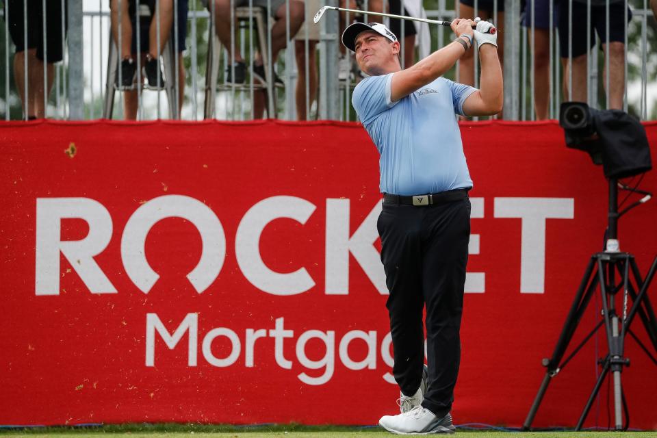 Justin Lower tees off the 15th hole during the third round of the Rocket Mortgage Classic at Detroit Golf Club in Detroit on Saturday, July 1, 2023.