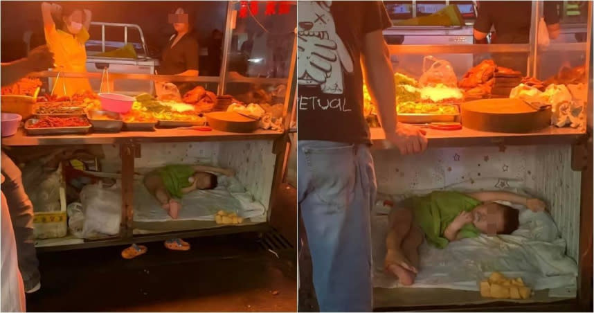 有網友分享拍到一名小男童獨自在地躺在攤車下的「小房間」內，陪擺攤的爸媽工作。（圖／翻攝自CoNsの少男時代經典愛情語錄臉書）