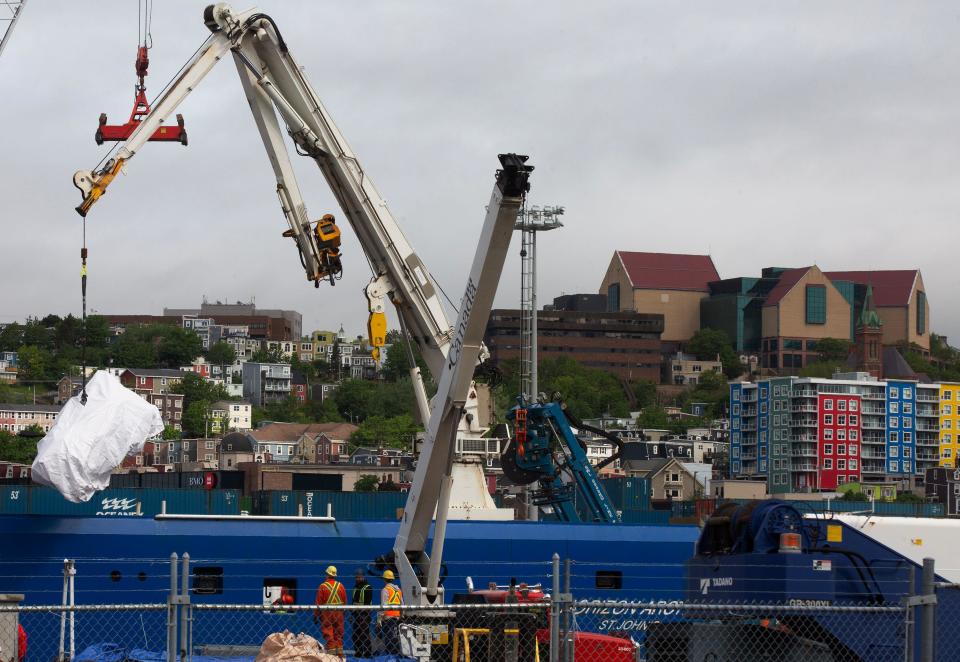 St. John‚ Canada, June 28, 2023 Debris from the Titan submersible, recovered from the ocean floor near the wreck of the Titanic, is unloaded from the ship Horizon Arctic at the Canadian Coast Guard pier in St. John‚Äôs on Wednesday, June 28, 2023. Credit: The Canadian Press/Alamy Live News