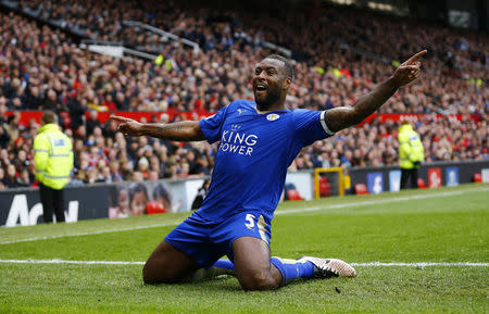 Leicester City's Wes Morgan celebrates scoring their first goal against Manchester United. Reuters / Darren Staples Livepic