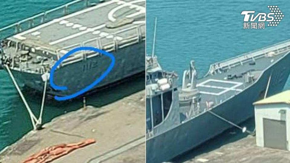 銘傳艦日前停靠基隆港東岸為港內當值艦，船艏及船尾有編號1112字樣。（圖／TVBS）