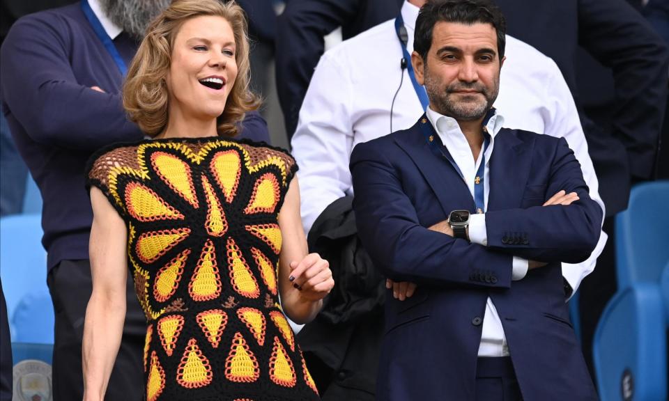 <span>Amanda Staveley and her husband Mehrdad Ghodoussi watch Manchester City against Newcastle at the Etihad in August 2023.</span><span>Photograph: Neal Simpson/Getty Images/Allstar</span>