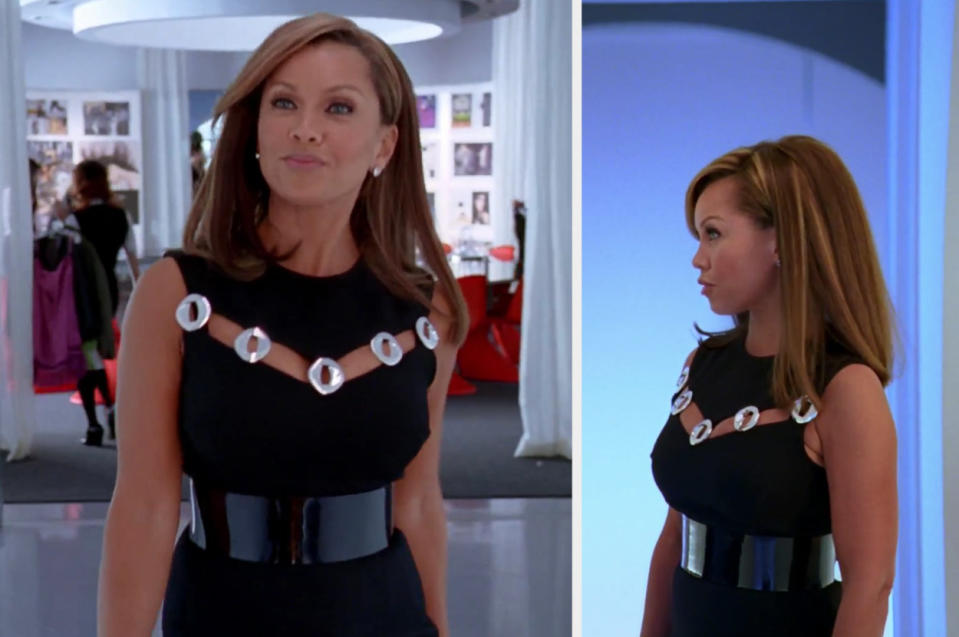 Wihelmina Slater makes an entrance in a black dress with silver details in "Ugly Betty"