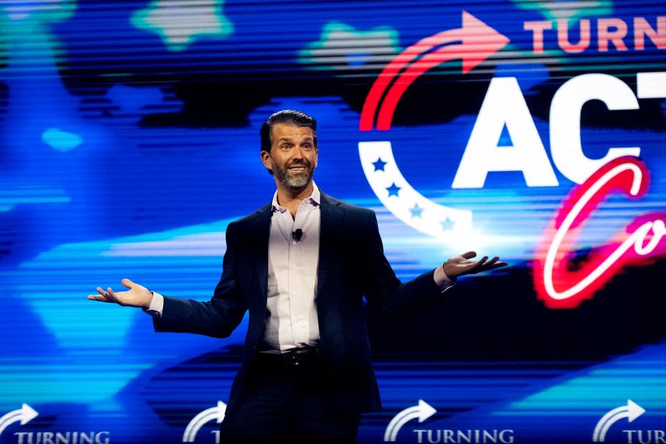 Donald Trump Jr. speaks during the Turning Point Action general session at the Palm Beach County Convention Center in West Palm Beach July 16, 2023. 