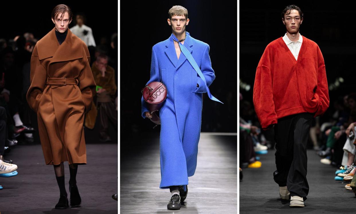 <span>‘Oversized and textured coats are playing a big part this season’: the looks on display at the JW Anderson (left and right) and Gucci (centre) men’s shows at Milan men’s fashion week in January.</span><span>Composite: Getty Images</span>