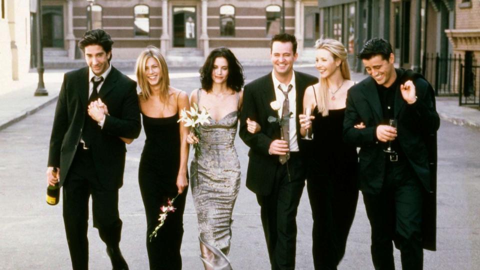 PHOTO: 'Friends' cast; David Schwimmer as Ross Geller, Jennifer Aniston as Rachel Green, Courteney Cox as Monica Geller, Matthew Perry as Chandler Bing, Lisa Kudrow as Phoebe Buffay, Matt LeBlanc as Joey Tribbiani. (NBCUniversal via Getty Images, FILE)