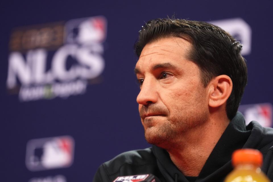 Arizona Diamondbacks general manager Mike Hazen speaks to the media ahead of their NLCS matchup against the Philadelphia Phillies at Citizens Bank Park in Philadelphia on Oct. 15, 2023.