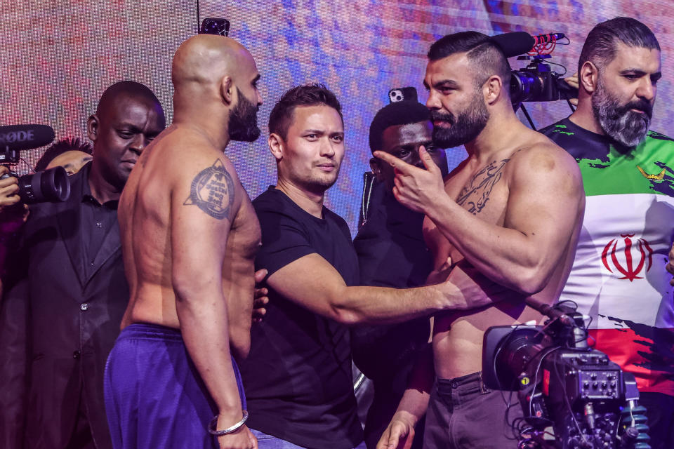 Arjan Bhullar vs Zuhayr Al-Qahtani faceoff ONE 166 ceremonial weigh-ins