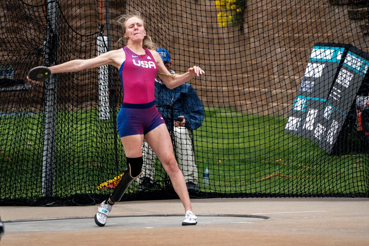 Jessica Heims throws the discus during the Drake Relays at Drake Stadium on Friday.