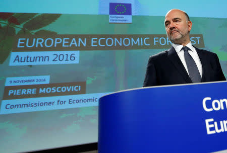 European Commissioner for Economic and Financial Affairs Pierre Moscovici presents the European Union executive's autumn economic forecasts during a news conference at the EU Commission headquarters in Brussels, Belgium November 9, 2016. REUTERS/Yves Herman