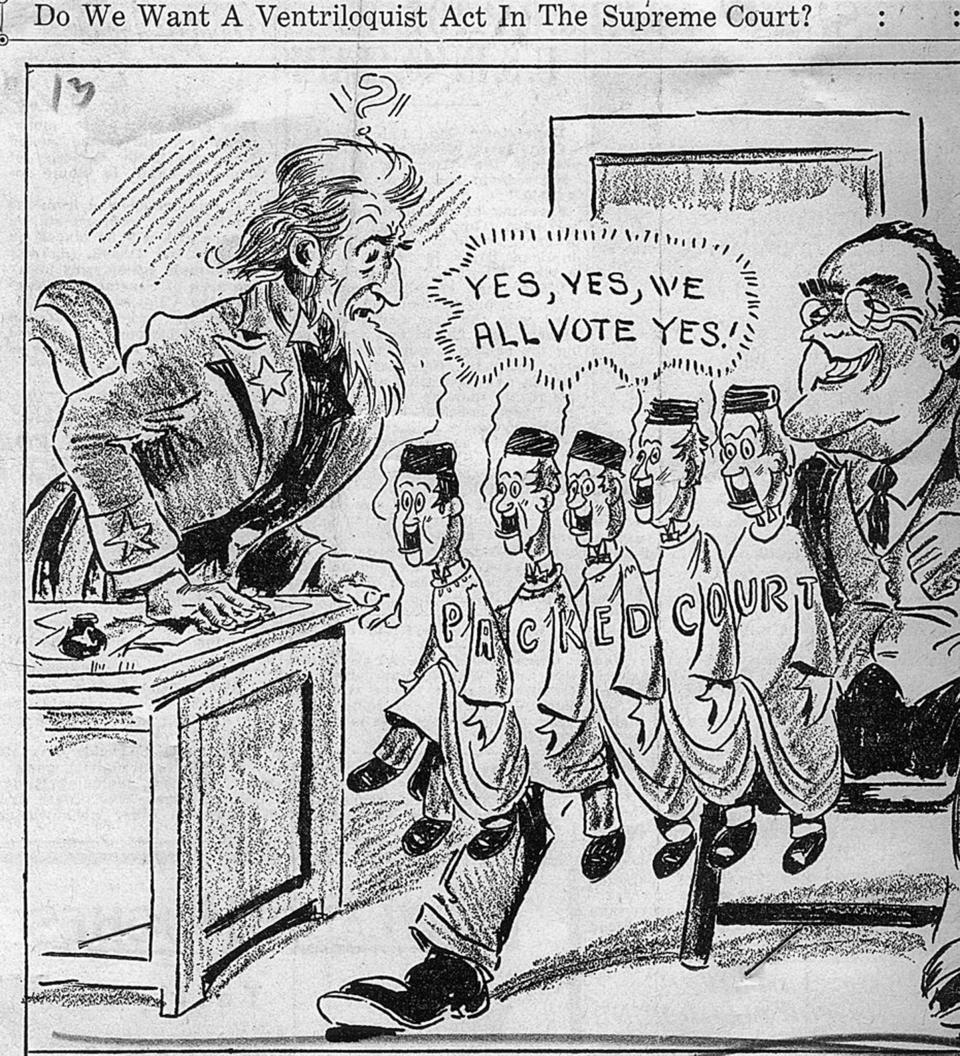 A Feb. 14, 1937, cartoon 'Do We Want A Ventriloquist Act In The Supreme Court?' depicts the five new judges that FDR could potentially point per his proposed court-packing plan as the President's puppets. | Fotosearch—Getty Images