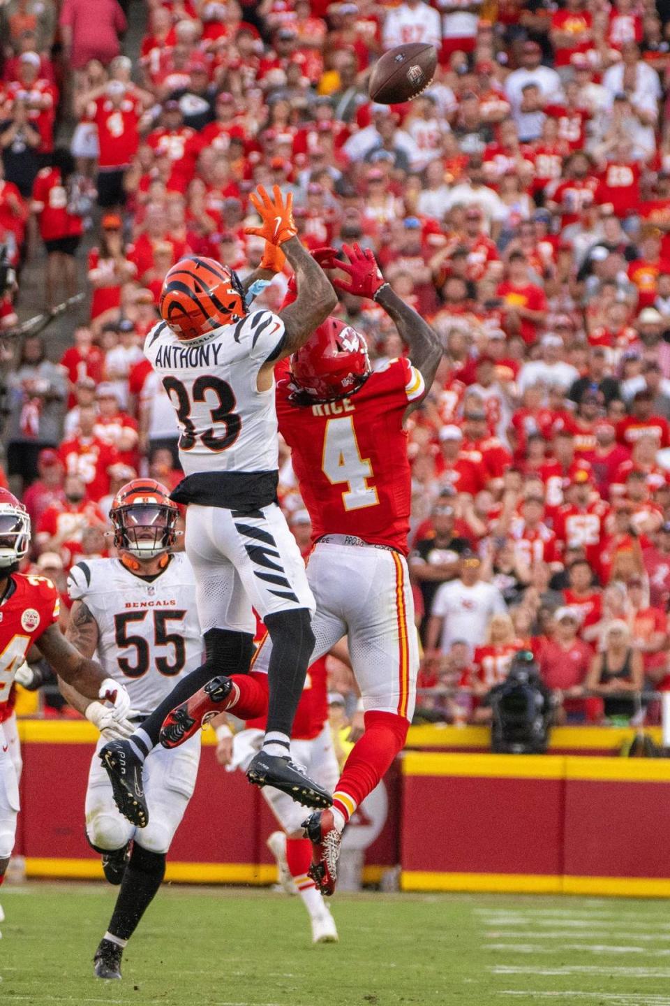 Cincinnati Bengals safety Daijahn Anthony (33) commits pass interference against Kansas City Chiefs wide receiver Rashee Rice (4) in the fourth quarter during an NFL game on Sunday, Sept. 15, 2024, at GEHA Field at Arrowhead Stadium.