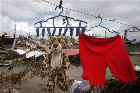 A soft toy and a pair of shorts are hung on a clothes line in the aftermath of super typhoon Haiyan in Tanauan, Leyte in central Philippines November 14, 2013. REUTERS/Erik De Castro